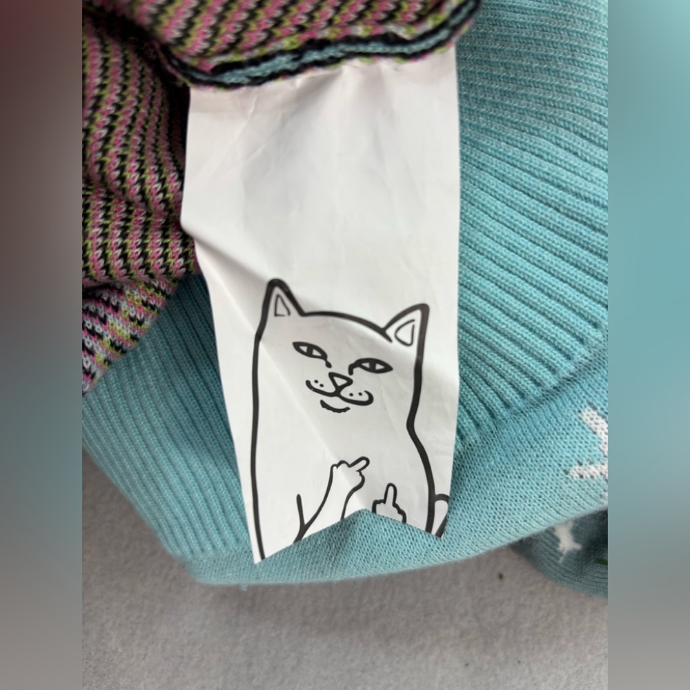 Ripndip M Ice Rink Blue and Green Sweater with Cats and Alien - Picture 4 of 7